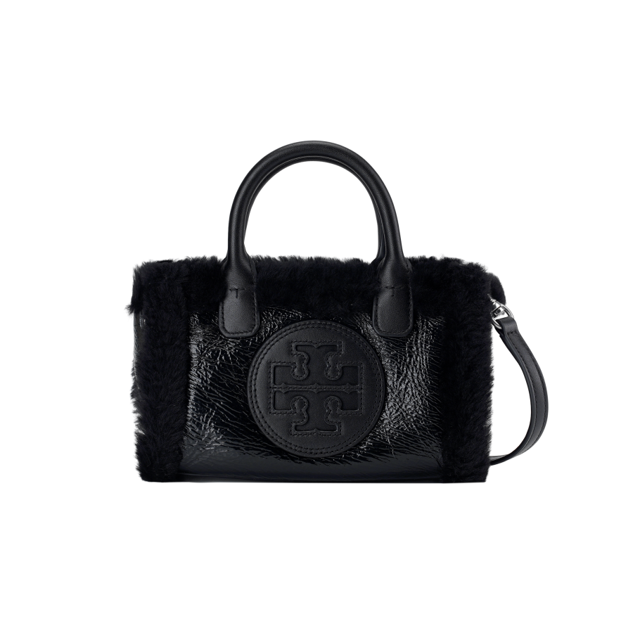 TORY BURCH Ella Shearling With Vinyl Leather Trim Tote Bag, Shopping Bag, Crossbody Bag, One Shoulder Handbag Mini