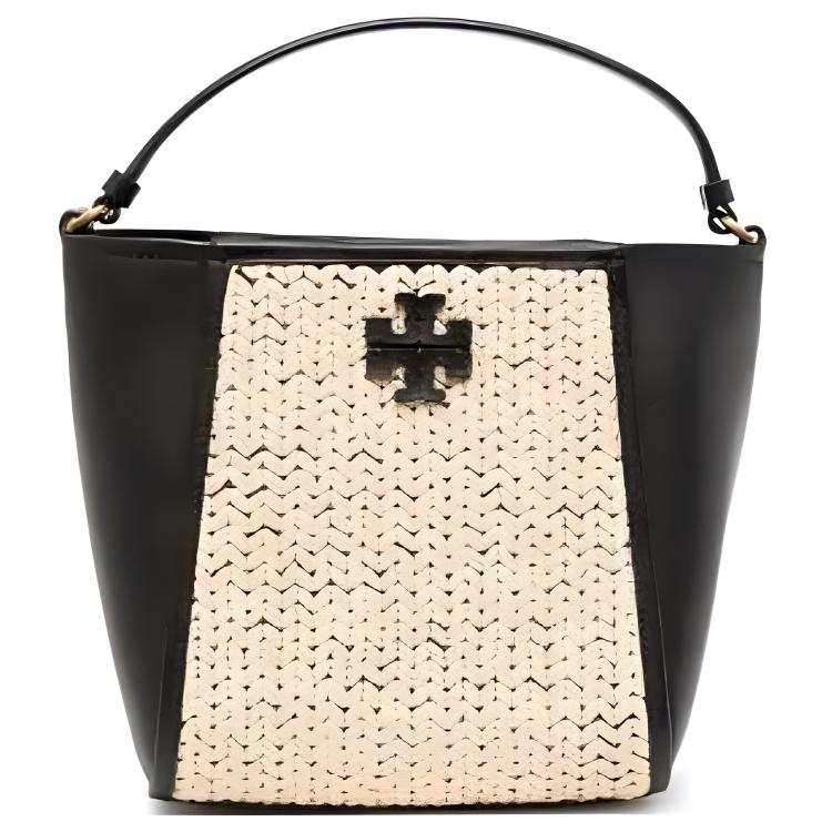 TORY BURCH McGraw Raffia With Leather Bucket Bag, One Shoulder Handbag Small Women's Black & Straw