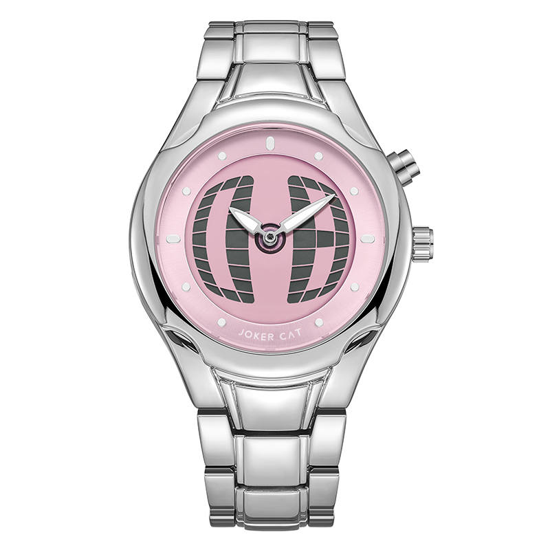 JOKER CAT Millennium Mid Century Modern Quartz Movement Metal Strap Watch Unisex Pink Watch Dial