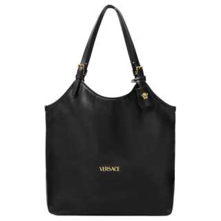 VERSACE Tag Cow Leather Tote Bag, Shopping Bag, Shoulder Bag, Handbag Medium Women's Black