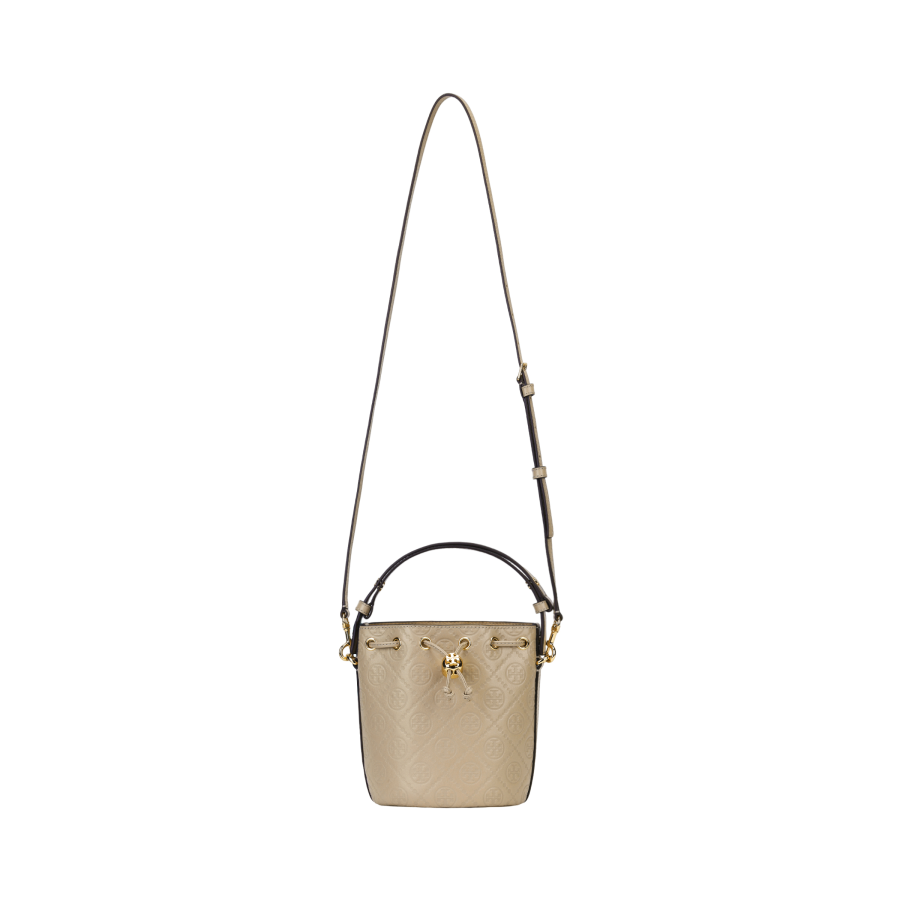 TORY BURCH TORY BURCH T Monogram Leather Mini Bucket Bag Whiskey