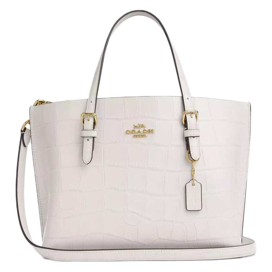COACH Mollie Crocodile Embossed Leather Tote Bag, Shopping Bag, Shoulder Bag, Handbag Medium Women's Gold & Chalk