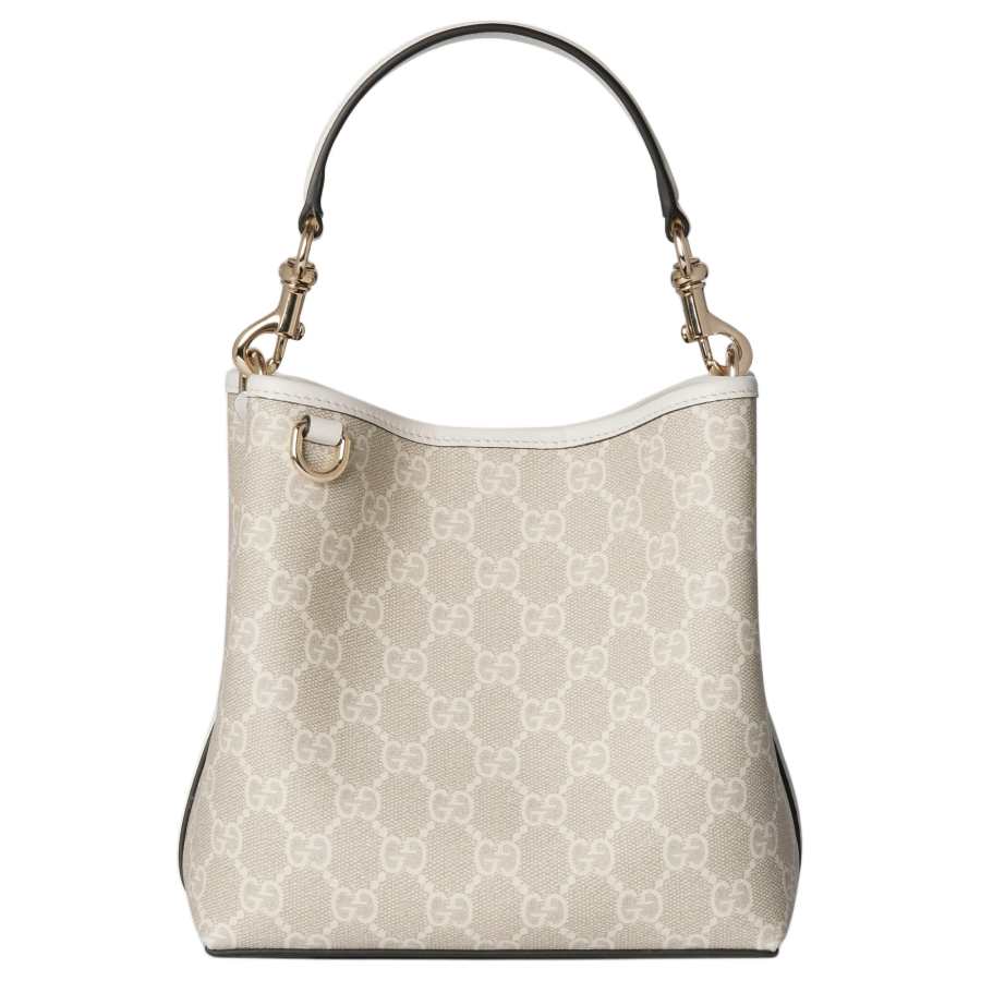 GUCCI GG Emblem Fabric Bucket Bag, One Shoulder Handbag Mini Women's Beige & White