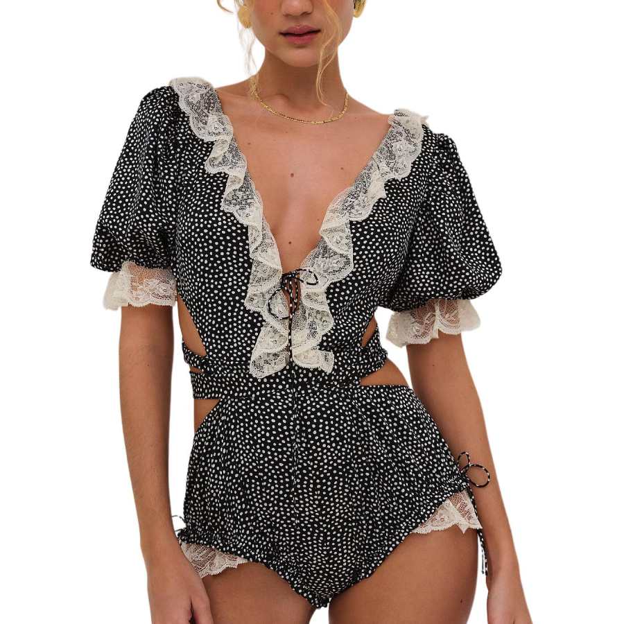 Victoria's Secret Pink Evangeline Teddy/Lottie Dot Home Onesies Women's Black Dot