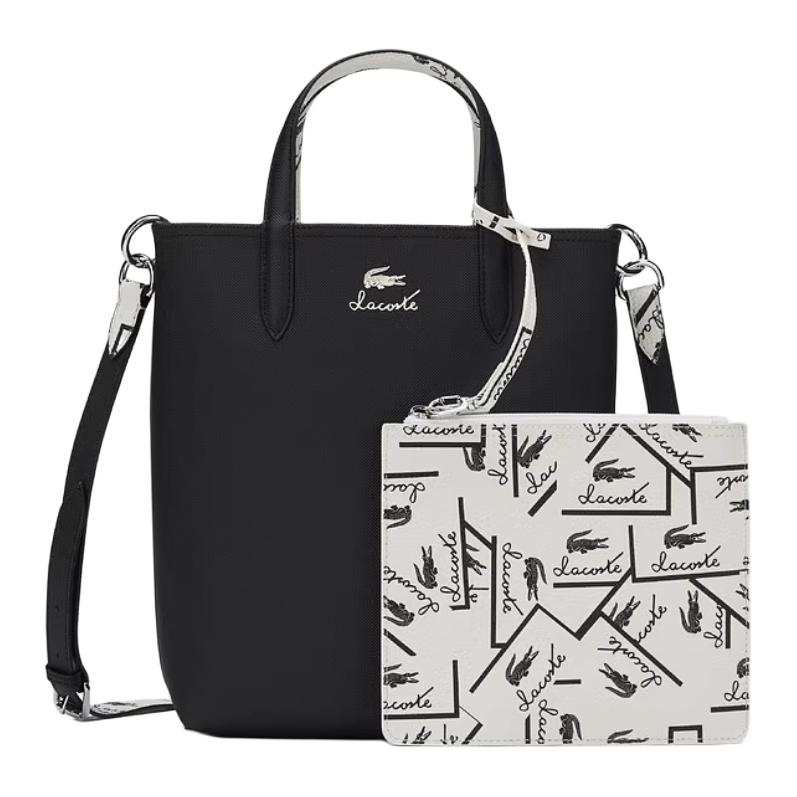 LACOSTE PVC Tote Bag, Shopping Bag, Handbag Medium Women's Black & Ecru