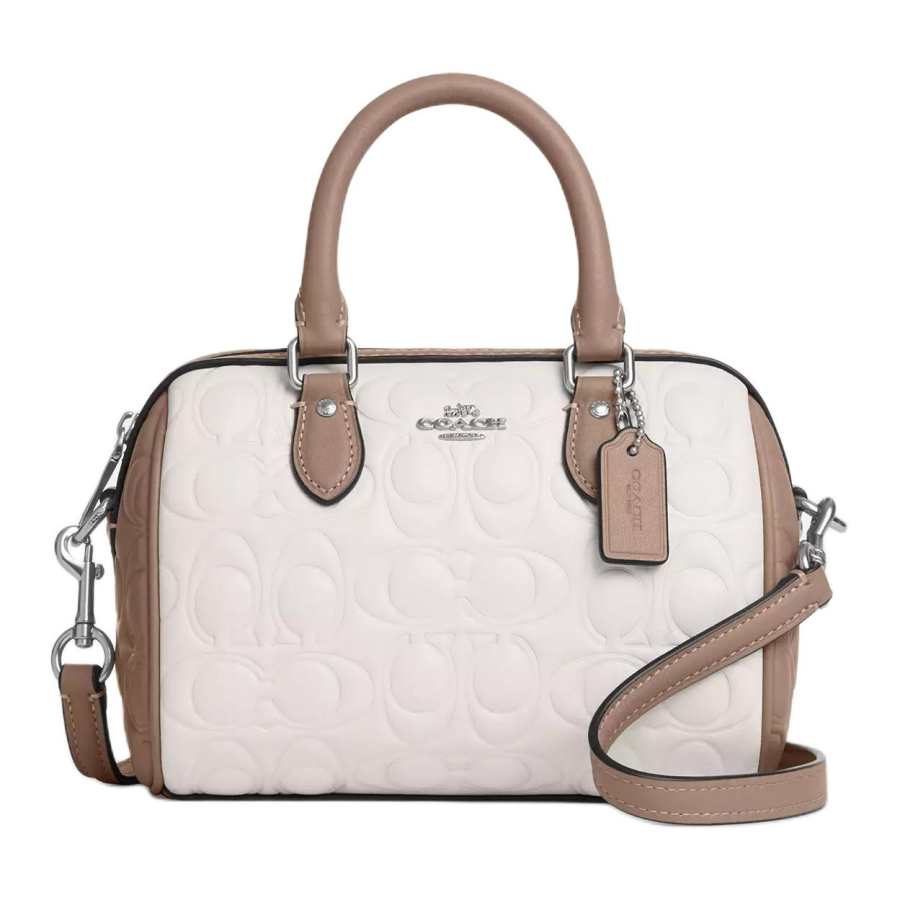COACH Rowan Smooth Leather Shoulder Bag, Crossbody Bag, Handbag Small Women's Chalk & Gray Umber