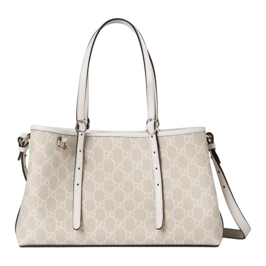 GUCCI GG Emblem Leather Trim Shoulder Bag Small Women's Beige & White