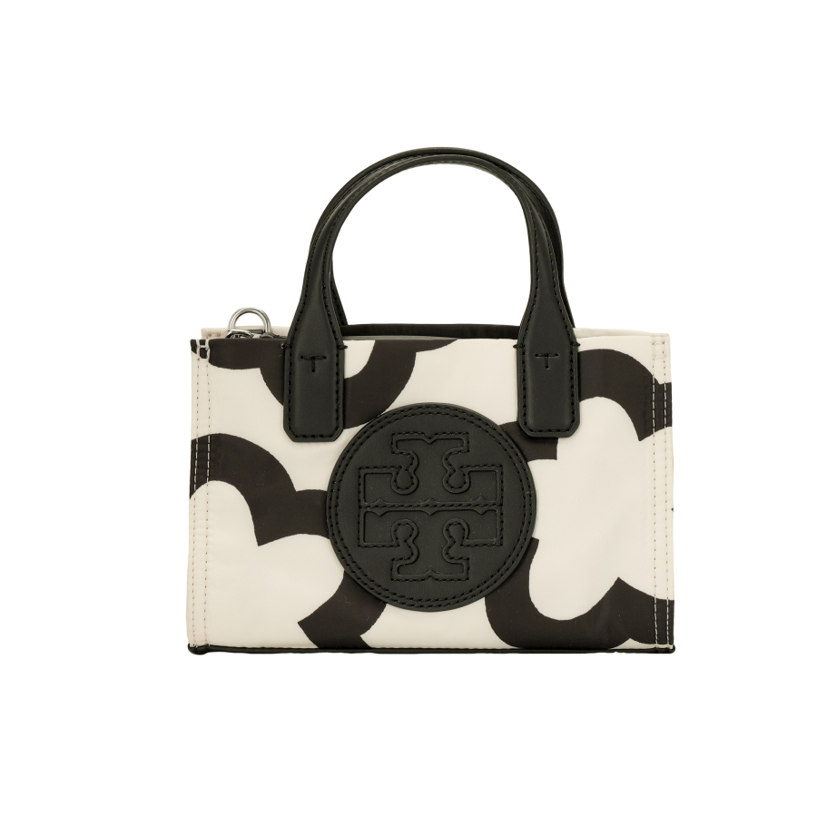 TORY BURCH Ella Fabric+Artificial Leather Tote Bag, Shopping Bag, Handbag Mini Women's Cream White Pattern