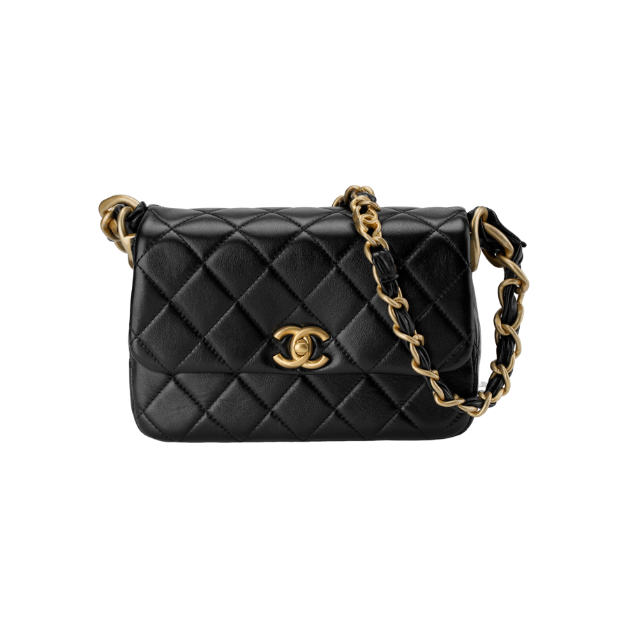 CHANEL Sheepskin & Gold Metal Shoulder Bag Women's Black