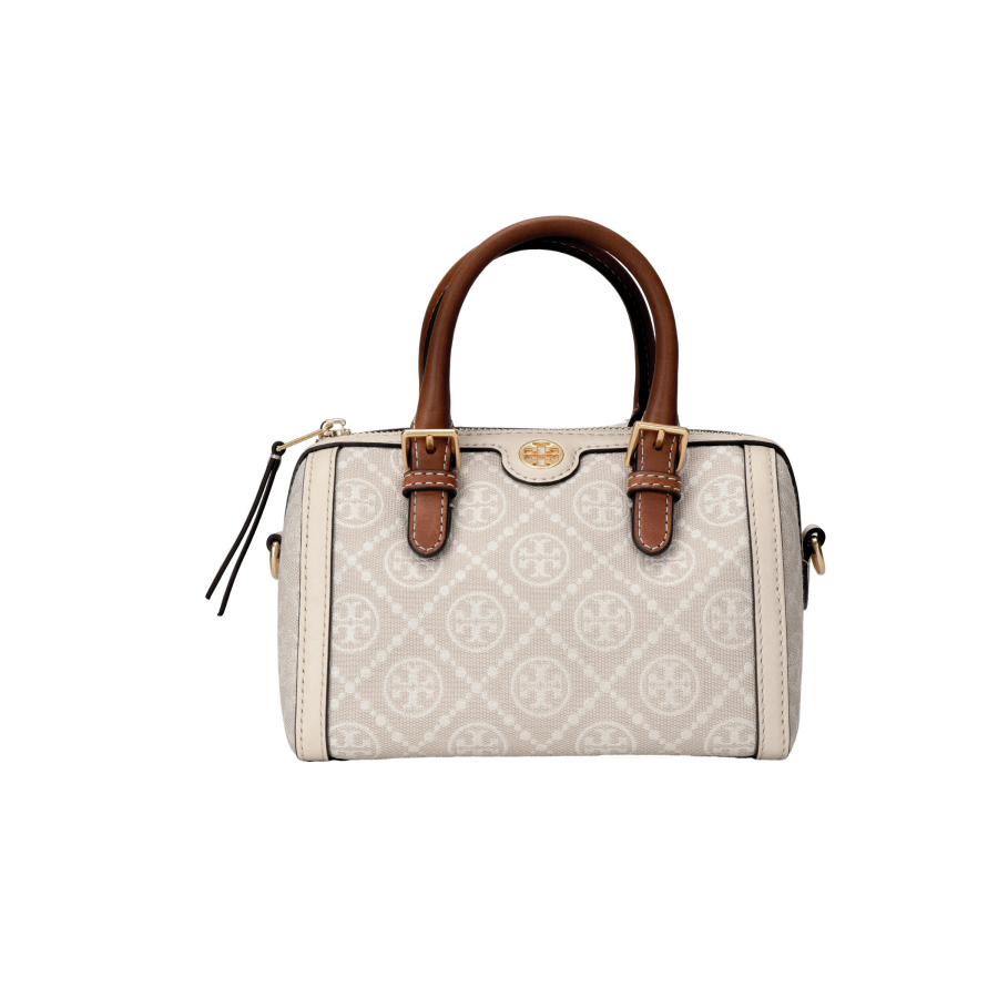 TORY BURCH T Monogram Jacquard With Calfskin Barrel Bag, Crossbody Bag, One Shoulder Handbag Small Women's