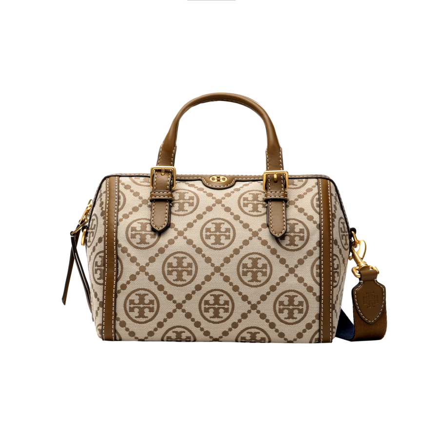TORY BURCH T Monogram Fabric With Leather Boston Bag, Shoulder Bag, Crossbody Bag, Handbag Medium Women's