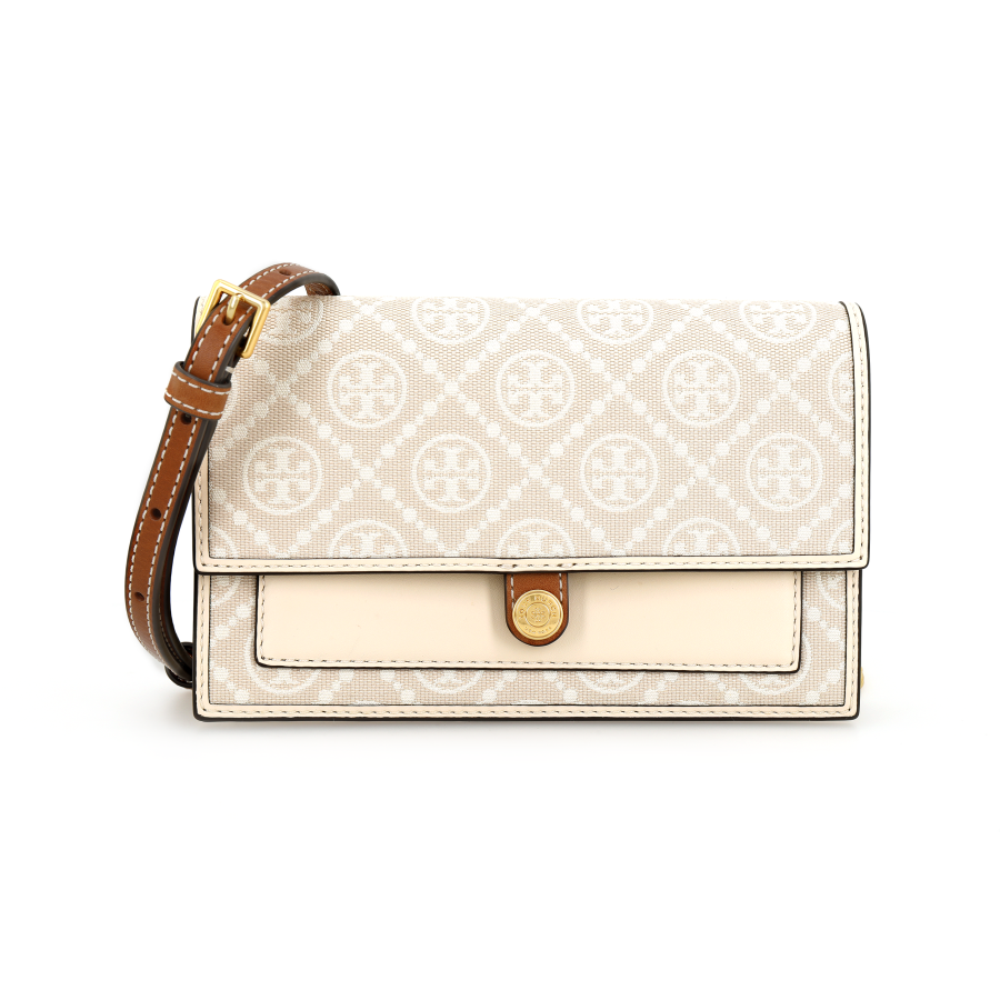TORY BURCH T Monogram Leather Trim Metal Shoulder Bag, Crossbody Bag Women's Ivory White