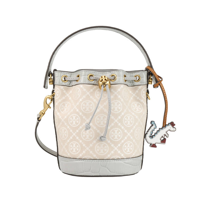 TORY BURCH Jacquard With Leather Bucket Bag, Shoulder Bag, Crossbody Bag, Handbag Mini Women's Mist Gray
