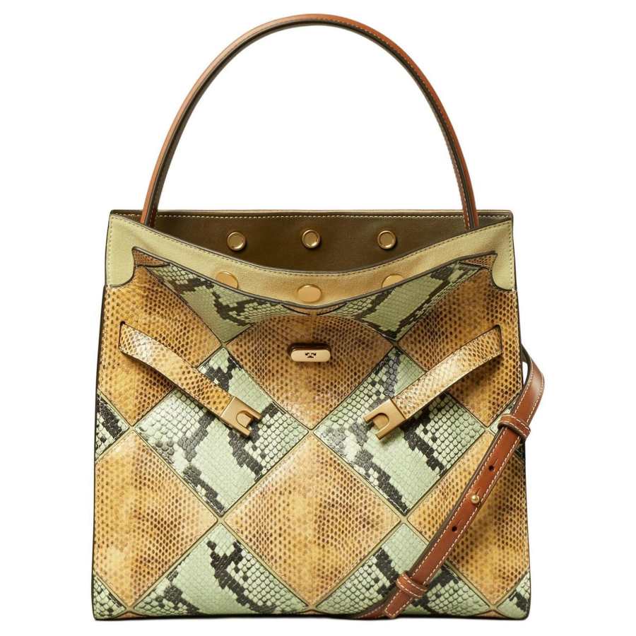 TORY BURCH Lee Radziwill Snakeskin Print Embossed Leather Handbag Women's Yellow