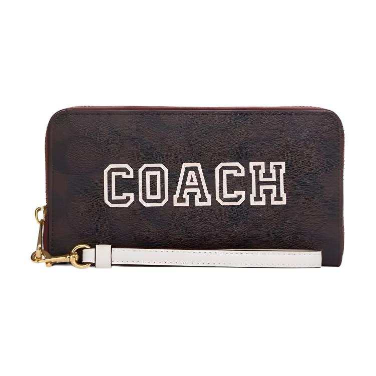 COACH Zip Around Coated Canvas With Smooth Leather Clutch Card Holder, Wallet Women's Dark Brown