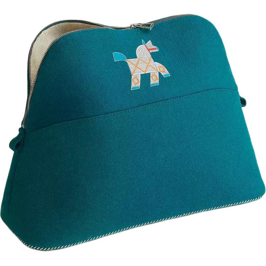 HERMES Bolide Wool Blend With Polyester Travel Storage Bag Unisex Blue Green