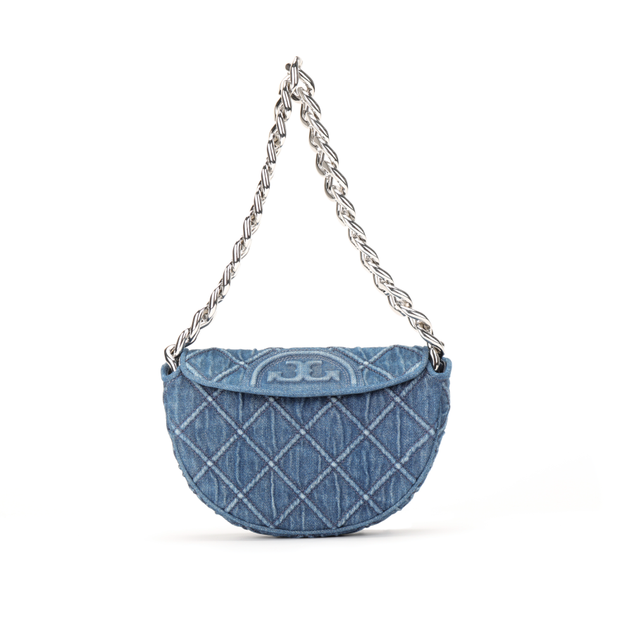 TORY BURCH Fleming Denim Crescent Bag, Shoulder Bag, Crossbody Bag, Handbag Women's Denim Blue