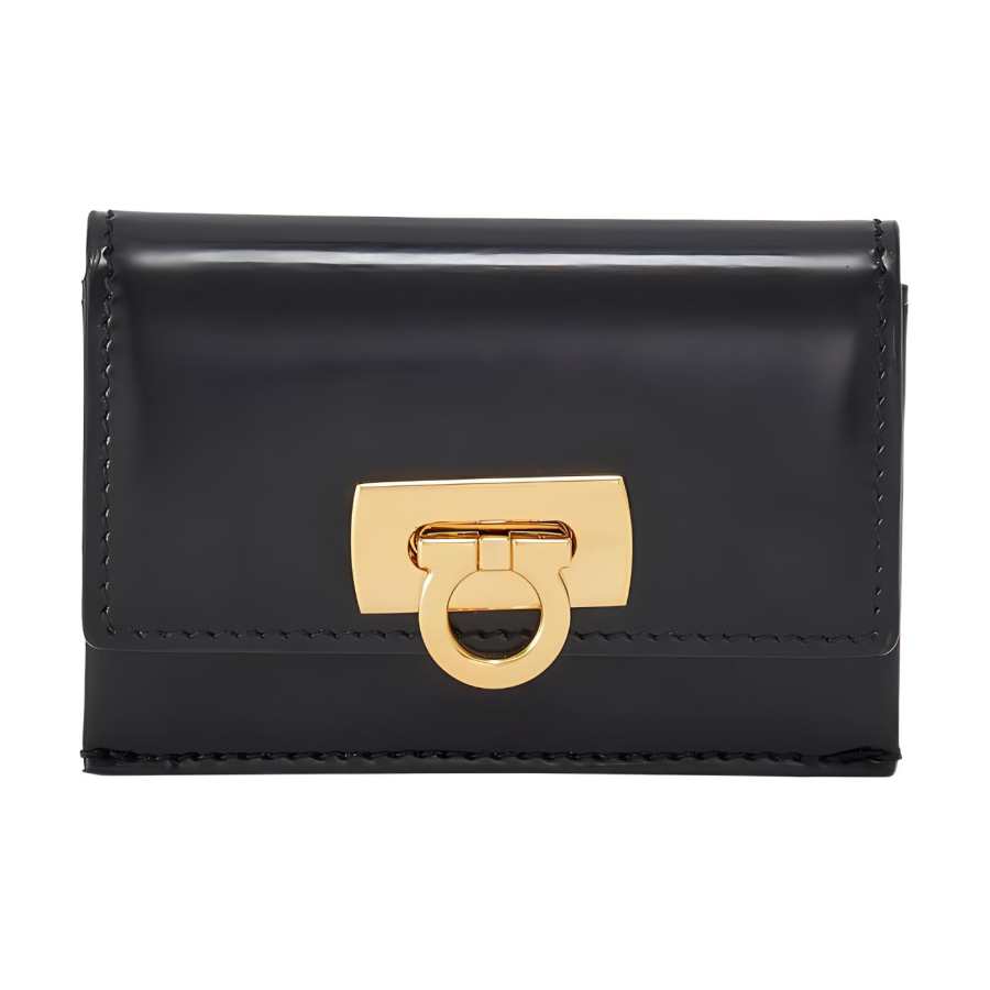FERRAGAMO Gancini Calfskin Wallet, Card Holder Women's Black