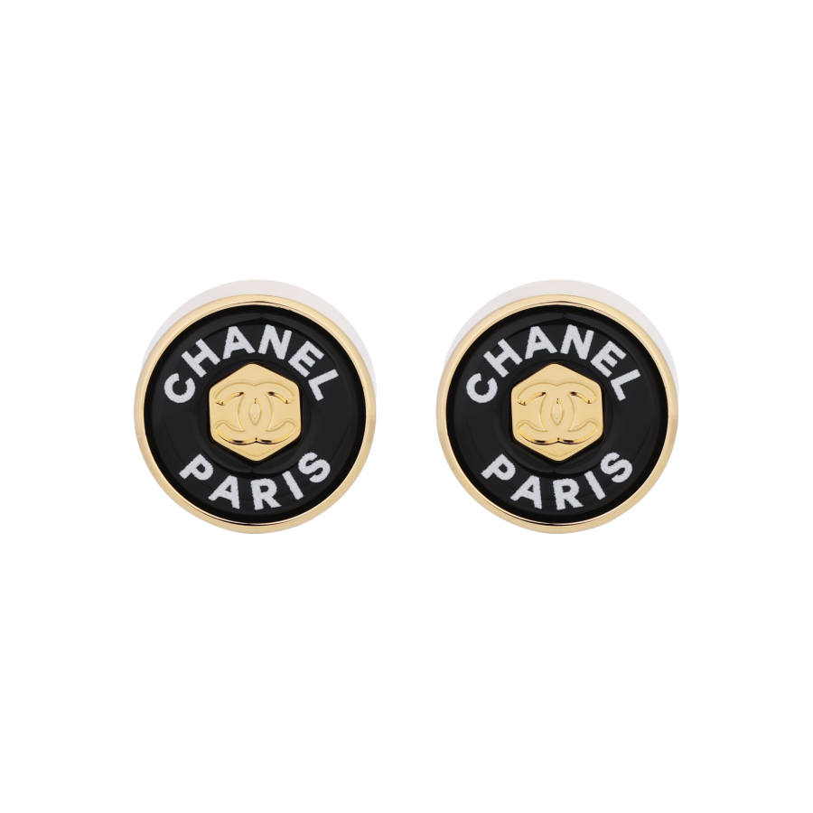Chanel 2024 Gold Plated Enamel Logo Button Bullet Back Earrings costume earrings