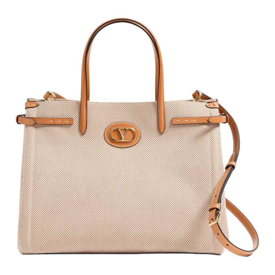 Valentino Garavani Canvas Tote Bag, Shopping Bag, Shoulder Bag, Crossbody Bag, Handbag Medium Women's Natural Tobacco