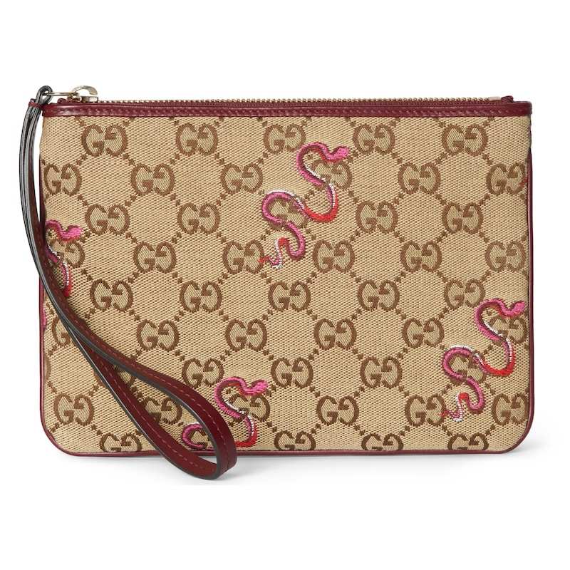 GUCCI GG Supreme Canvas Clutch Women's Camel & Dark Brown