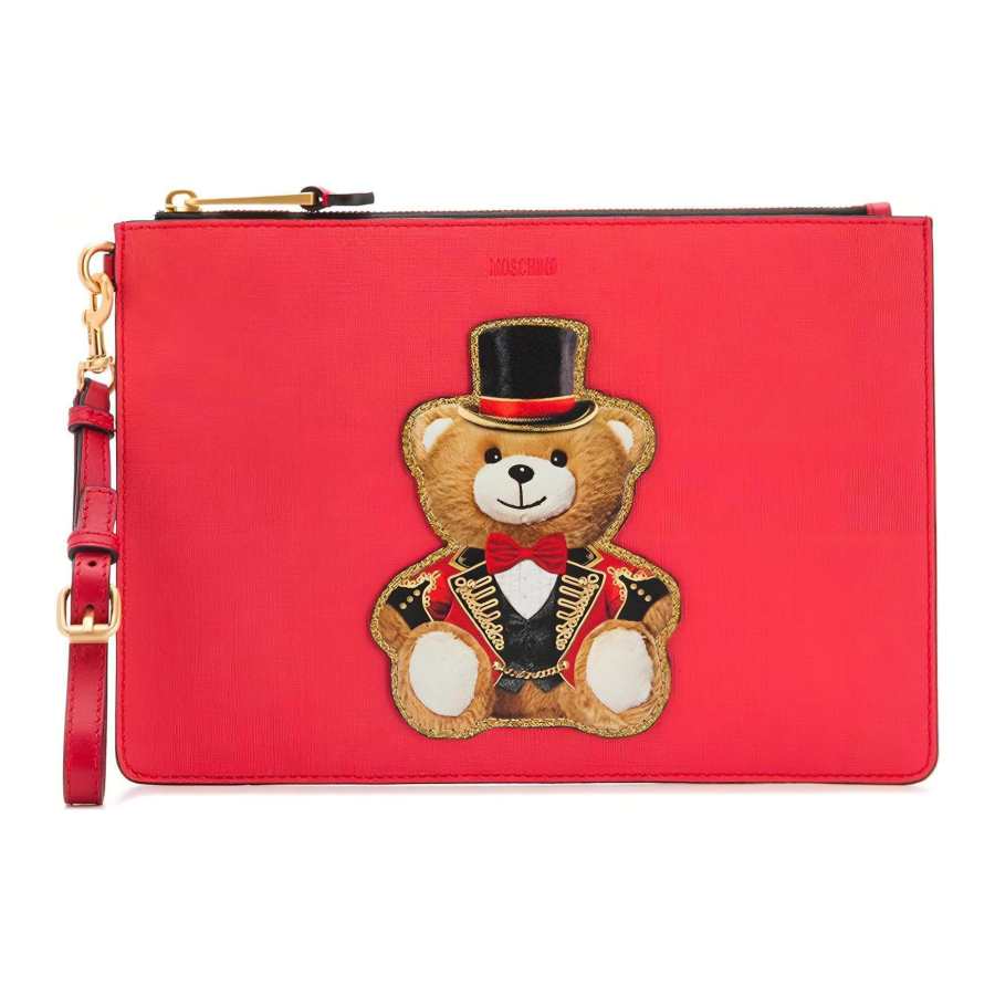 MOSCHINO Cow Leather Wallet Clutch Women's Red