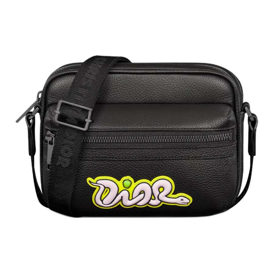 DIOR KAWS Collaboration Rider 2.0 Cow Leather Crossbody Bag, Shoulder Bag Mini Men's Black