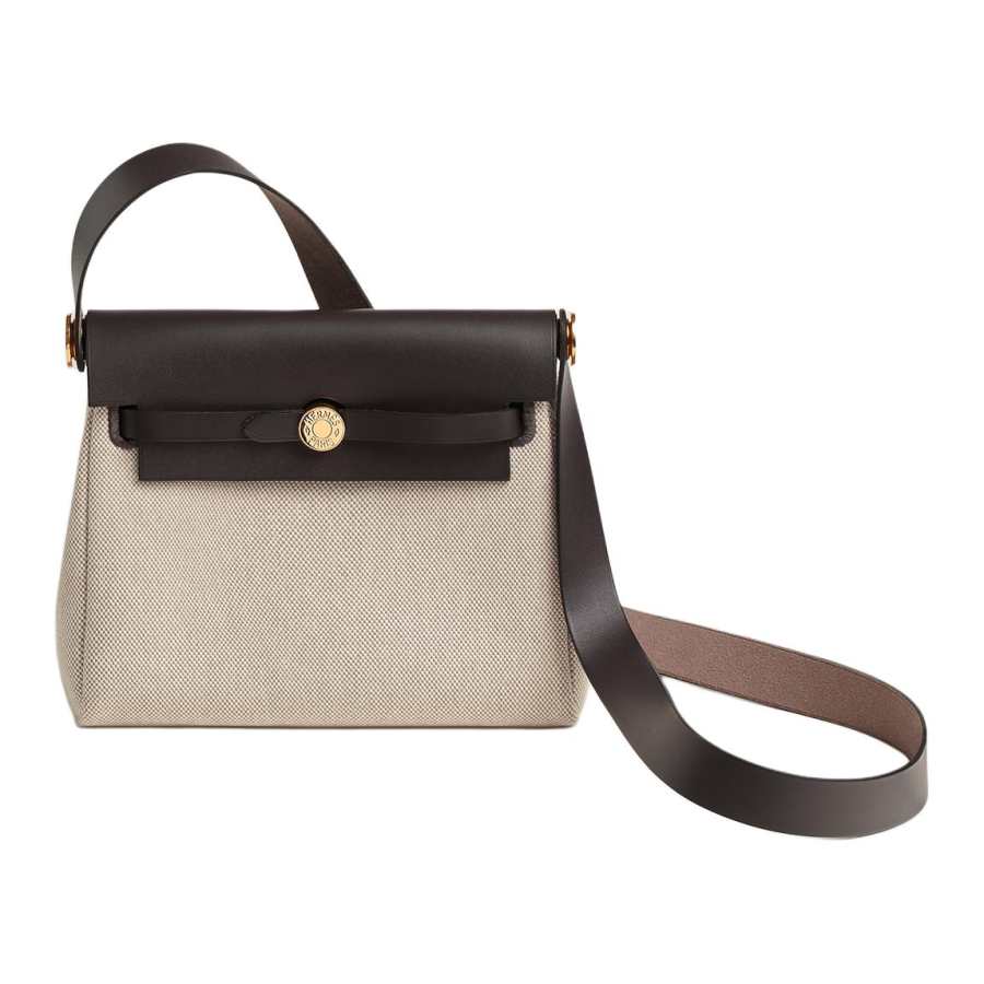 HERMES Canvas With Leather Crossbody Bag, Shoulder Bag Mini Women's Light Beige & Ebony
