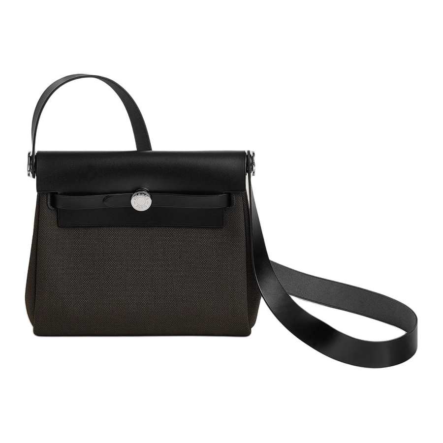 HERMES Canvas With Hunter Cow Leather Crossbody Bag, Shoulder Bag Mini Women's Dark Bronze & Black
