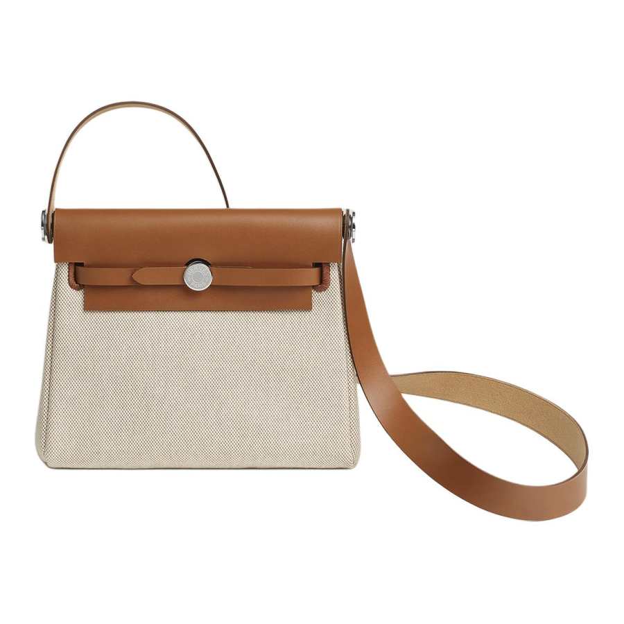 HERMES Canvas With Leather Crossbody Bag, Shoulder Bag Mini Women's Light Beige & Light Tawny