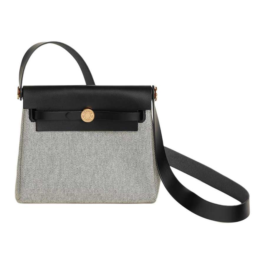 HERMES Canvas With Leather Shoulder Bag Mini Women's Light Beige & Black