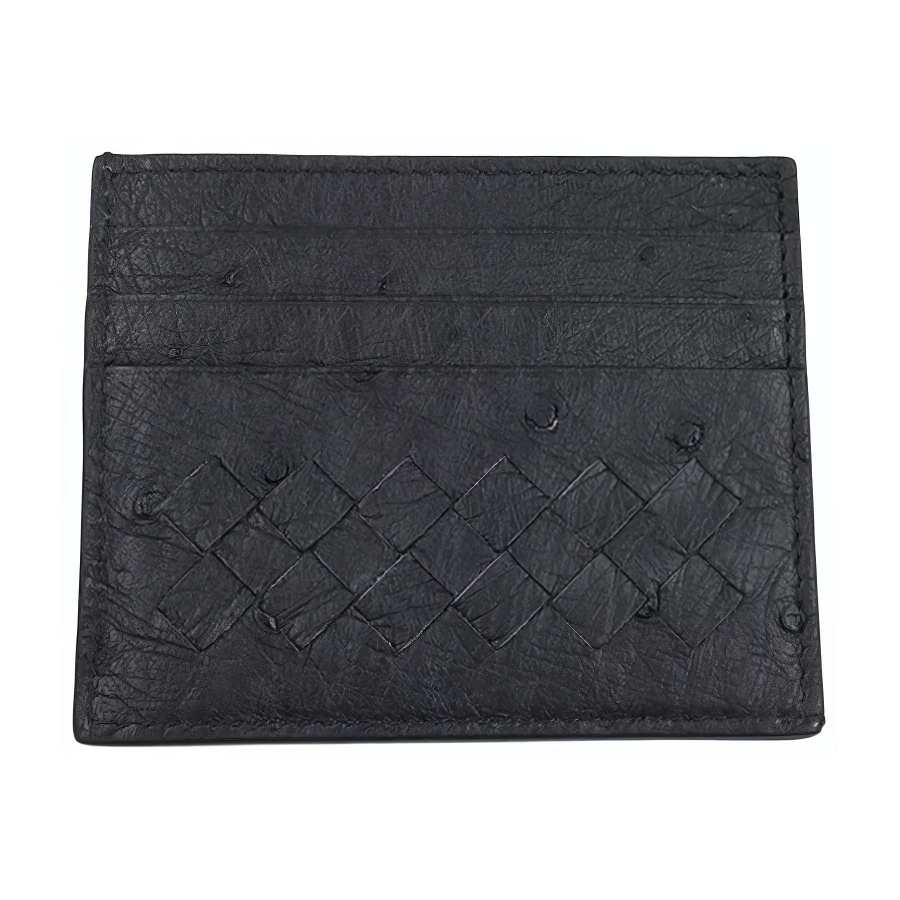 Bottega Veneta Intrecciato Ostrich Leather Card Holder Men's Black