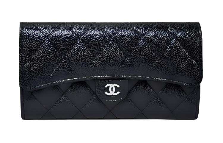 CHANEL Grain Calfskin And Silver Metal Wallet Women's Black