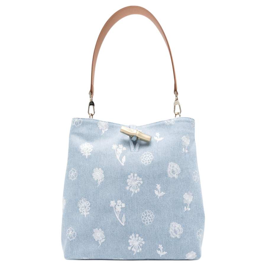 LONGCHAMP Le Roseau Fabric Cow Leather Shoulder Bag Medium Women's Blue