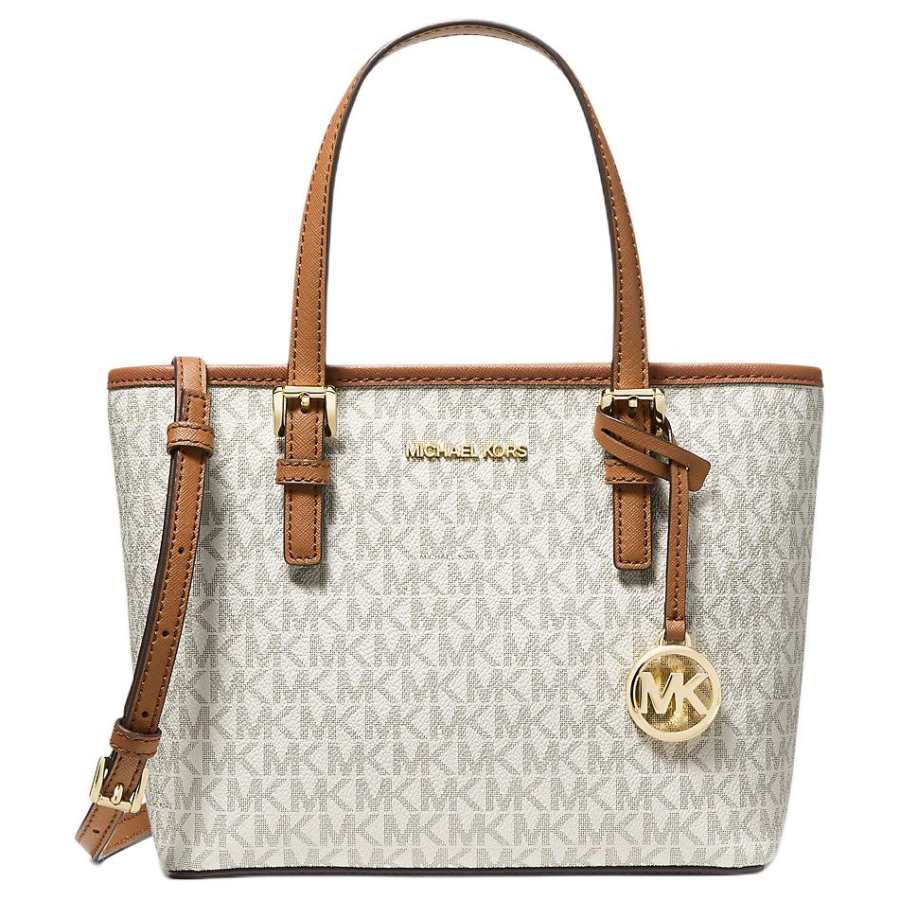 MICHAEL KORS Jet Set Travel Leather Handbag Mini Women's White With Brown Edge