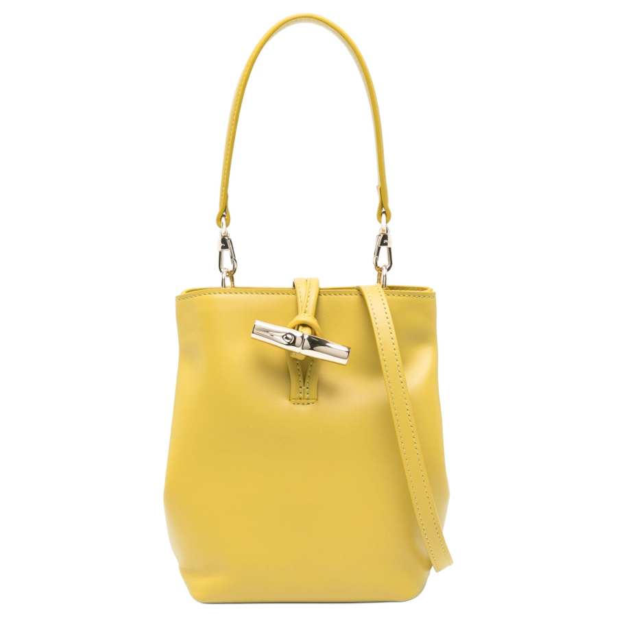 LONGCHAMP Le Roseau Calfskin Bucket Bag, One Shoulder Handbag Mini Women's Ochre Yellow