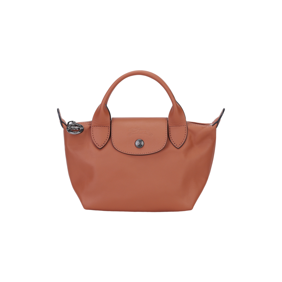 LONGCHAMP Le Pliage Cow Leather Dumpling Bag, Shoulder Bag, Crossbody Bag, Handbag Mini Women's Cognac