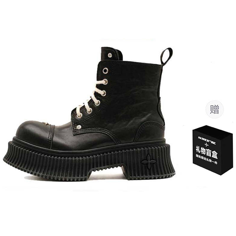 SMFK Cow Leather Short Combat Boots 5.5cm Women's Black