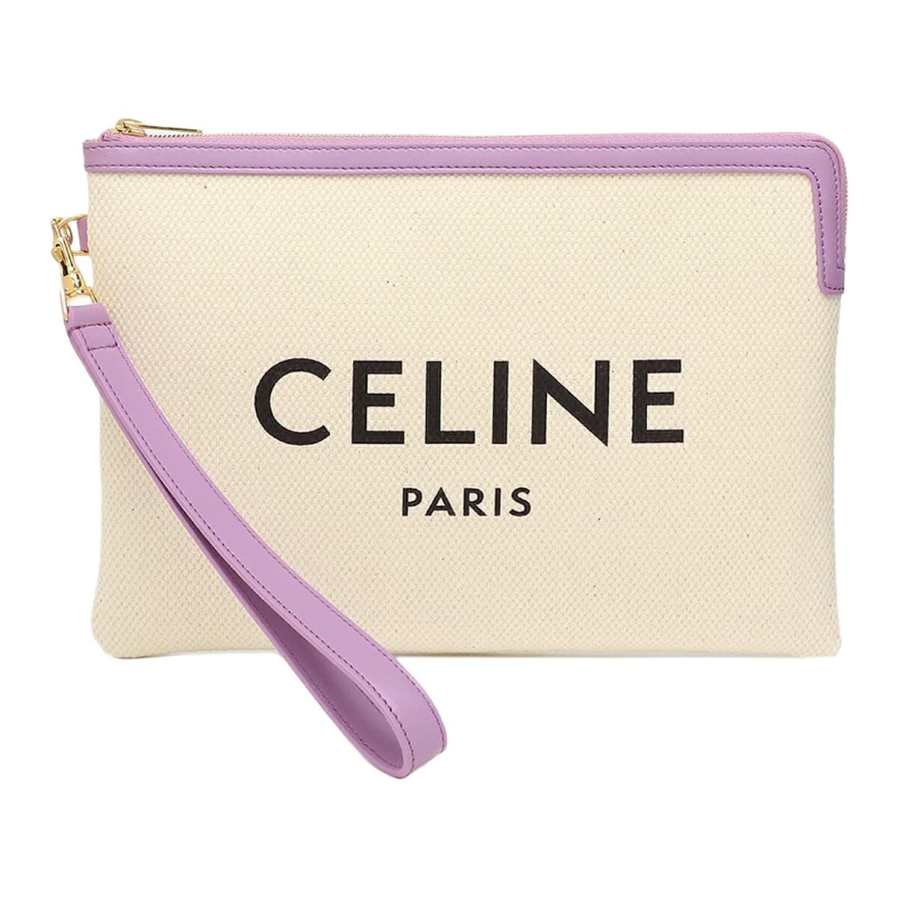 CELINE Zip Closure Canvas Bag Clutch Women's White & Fuchsia Trim