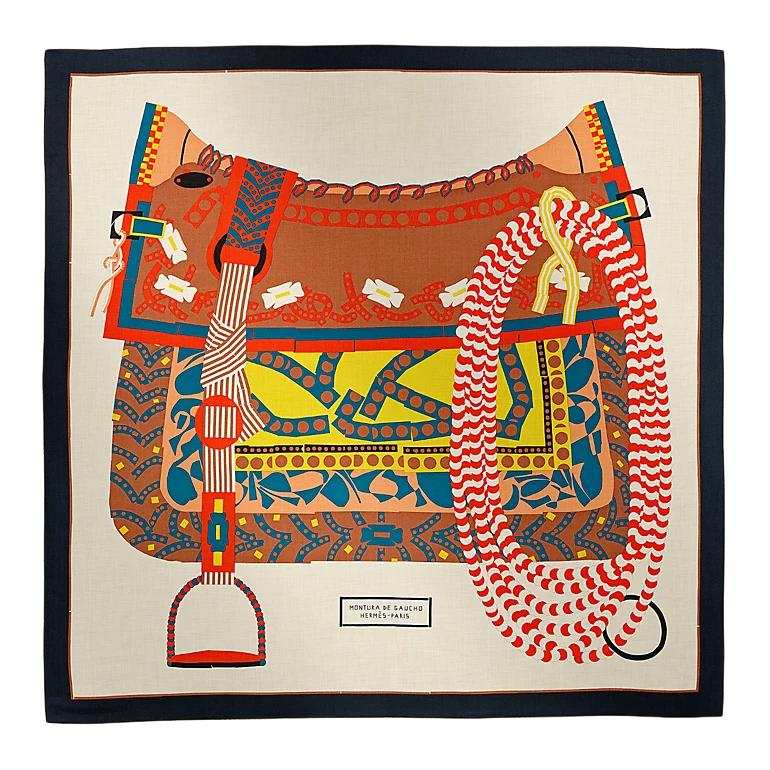 HERMES HERMES Silk Shawls Women's Natural Color/Navy Blue/Bright Yellow