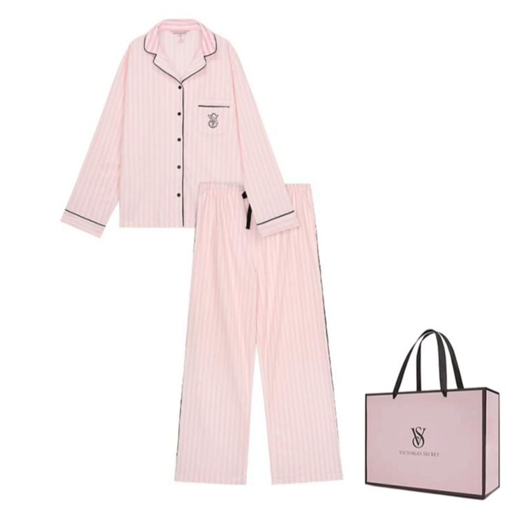 Victoria's Secret Sweet Limited THE MIX Pajama Set Brushed Texture Lightweight Warm Women's Pink Mist Stripes