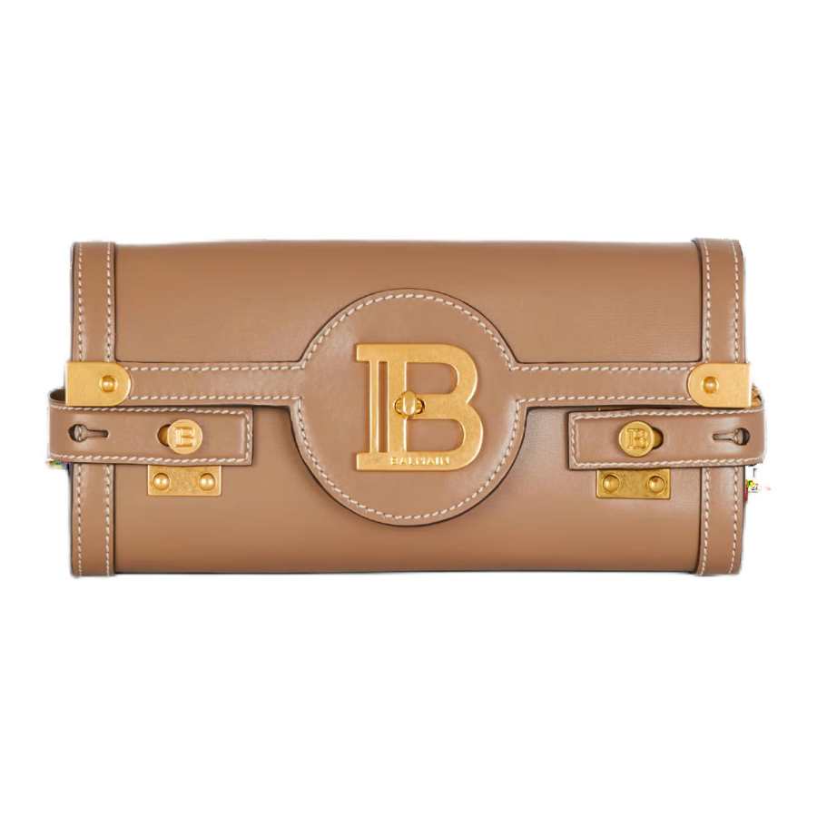 BALMAIN B BUZZ Calfskin One Shoulder Crossbody Clutch Women's Brown