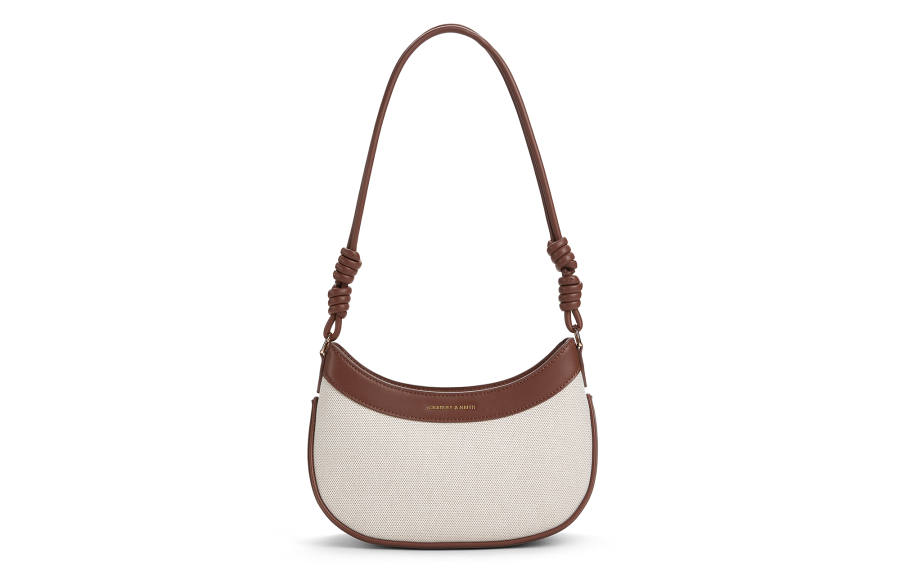 CHARLES&KEITH PU, Textile Mixture One Shoulder Bag, Crossbody Bag, Saddle Bag Small Women's Chocolate