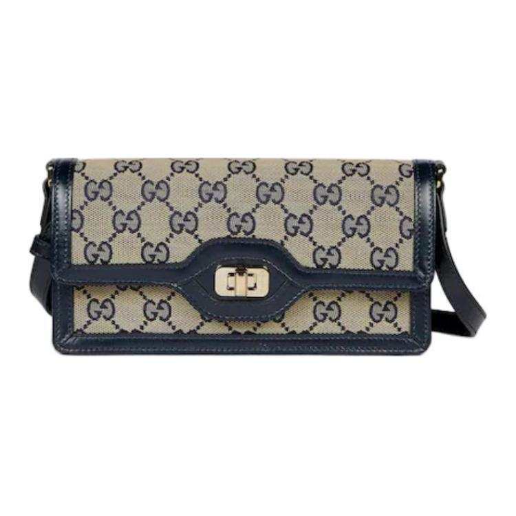 GUCCI Leather Handbag, Shoulder Bag Mini Women's Beige & Blue
