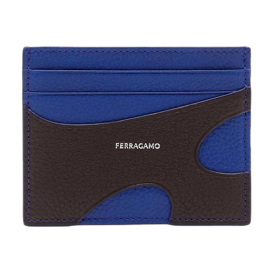 FERRAGAMO Brand Logo Hammered Texture Calfskin Card Holder Men's Lapis Lazuli