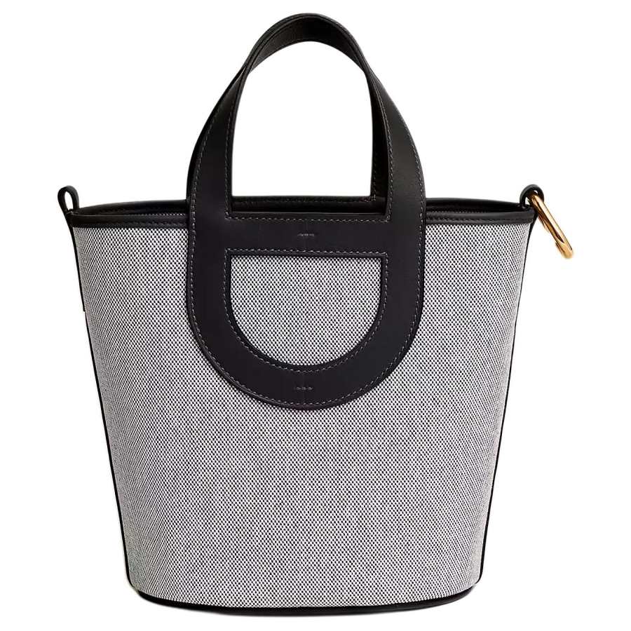 HERMES In The Loop Canvas With Swift Calfskin Basket Bag Pig Nose Bucket Bag Handbag Women's Light Beige & Black