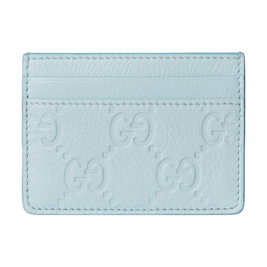 GUCCI GG Emblem Grain Leather Card Holder Women's Light Blue