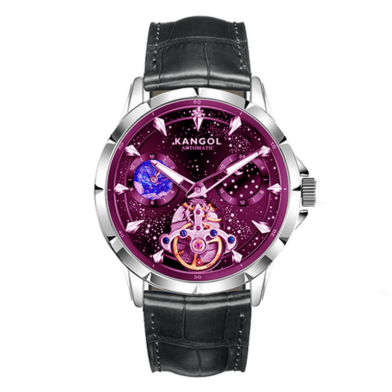 KANGOL Good Looking Automatic Mechanical Movement Genuine Leather Strap Watch Men's Watches Black Dial