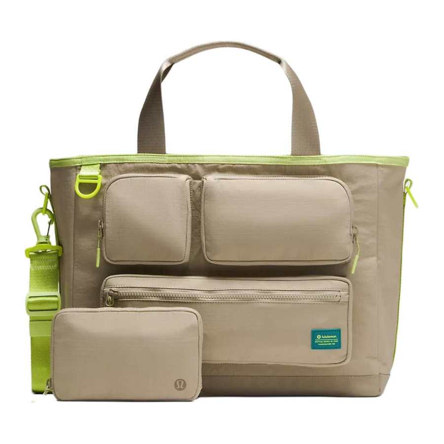 Lululemon Multi Pocket Nylon Shoulder Bag, Crossbody Bag, Handbag Unisex Oak Brown & Green Grape