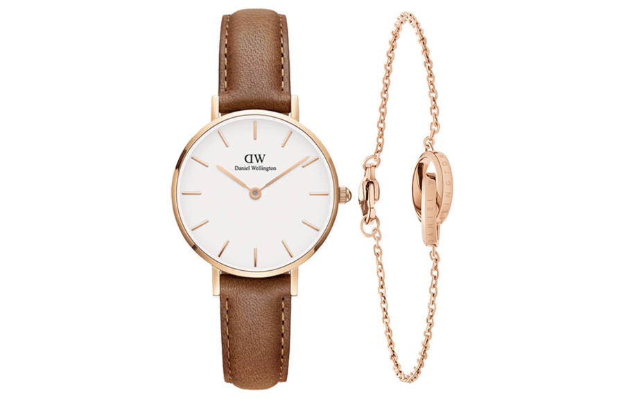 DW/DanielWellington Daniel Wellington DW Watch, Genuine Leather Gilded Watch Brown & Small Double Ring Bracelet Wrist Watches